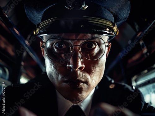 Medium shot of Bus driver man, themed background, bright tonality, in the style of fashion photography.