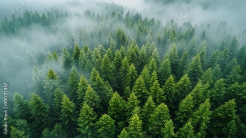 Dense Evergreen Forest Surrounded by Mystical Morning Fog Near Mountain Range. Generative AI