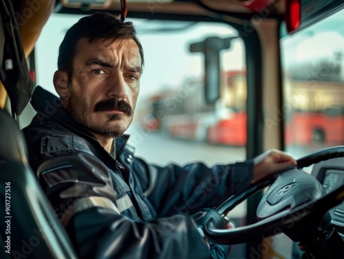 Medium shot of Bus driver man, themed background, bright tonality, in the style of fashion photography.