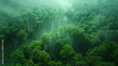 Lush Green Forest Under Mystical Fog at Dawn in Serene Wilderness. Generative AI