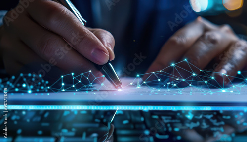 Close-up of a hand holding a pen and signing a digital document