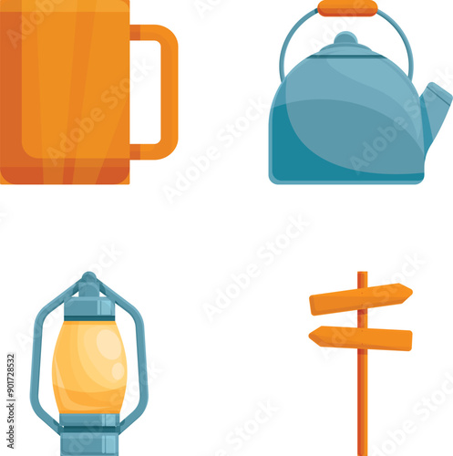 Recreation equipment icons set cartoon vector. Various tool for tourism. Active lifestyle