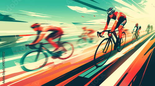 Cyclist racing on a track with a blurred motion effect, illustrations, banner, design, colorful, copy space, stadium, illustration, competition, vector, background, design, championship, field, soccer © Meekong.nk