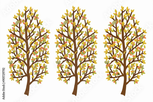 Watercolor trees set with flowers branches 