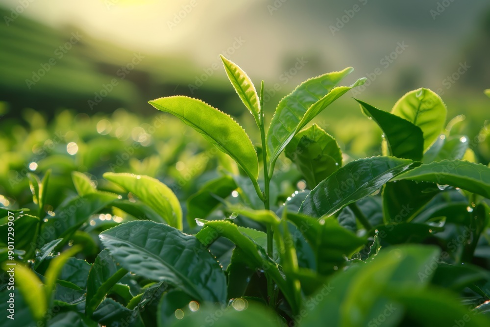 Close-up of fresh green leaves with water droplets illuminated by sunlight. Close-up of fresh green leaves with water droplets illuminated by sunlight.