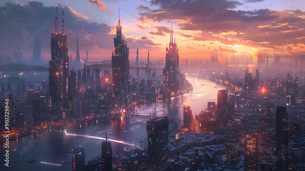 Obraz premium Futuristic AI-Powered Virtual Companions Enhancing Daily Life in Advanced Cityscape