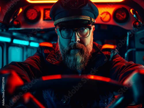 Medium shot of Bus driver man, themed background, bright tonality, in the style of fashion photography.