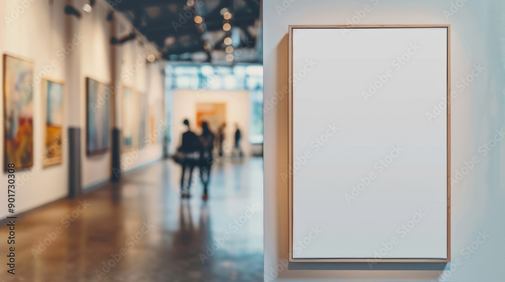 Blank canvas in gallery space. Empty picture frame mockup hanging on a bright exhibition wall with a blurred view of an art gallery in the background
