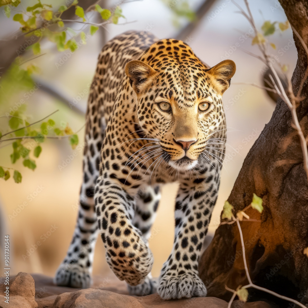 Fototapeta premium Prächtiger Leopard (Panthera pardus) in freier Natur, Generative AI