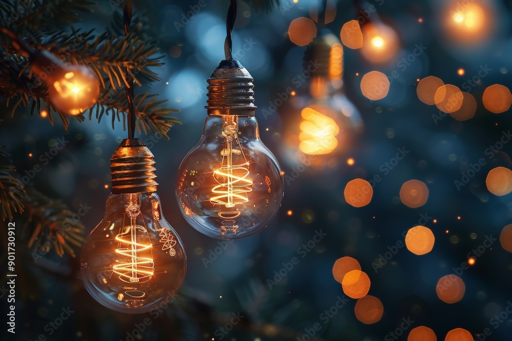 Festive string lights hanging from a tree with warm glowing bulbs and a bokeh background. Festive string lights hanging from a tree with warm glowing bulbs and a bokeh background.