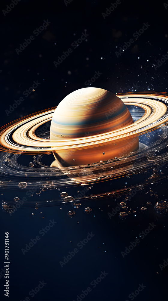 Fototapeta premium Saturn with its iconic rings, surrounded by a sparkling field of cosmic dust and glowing bubbles.