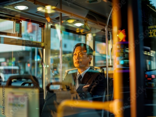 Medium shot of Bus driver man, themed background, bright tonality, in the style of fashion photography.