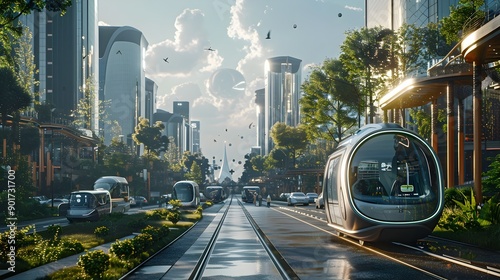 Futuristic Sustainable Transportation in Eco-Friendly Urban Landscape with Electric Vehicles,Bike-Sharing,and Pedestrian-Friendly Infrastructure
