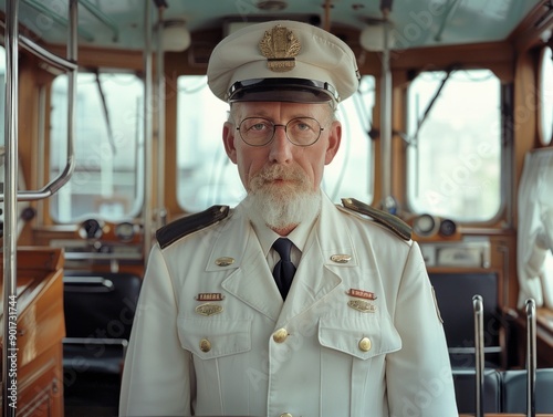 Medium shot of Bus driver man, themed background, bright tonality, in the style of fashion photography.
