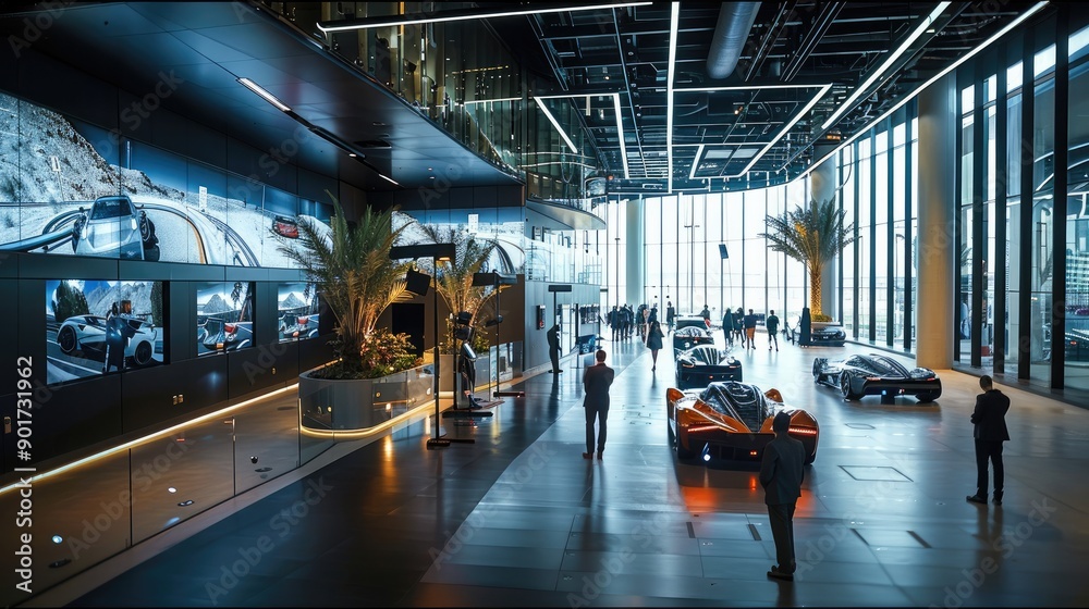 Fototapeta premium Internal space of an experience centre with traffic simulators and LCD screens, double height space with ample natural light. Generative AI.