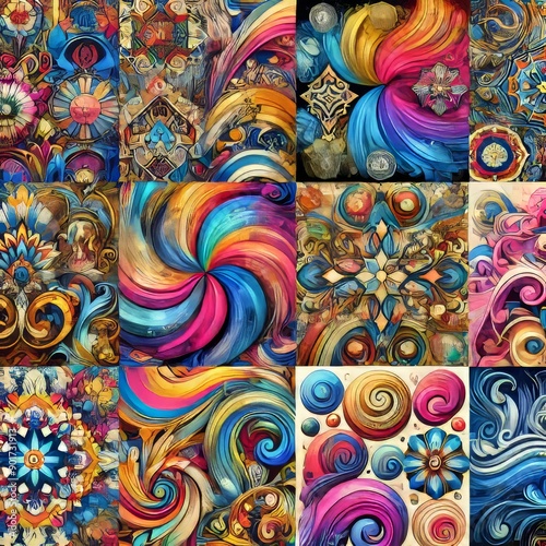 3d illustration of bright abstract patterns and swirls in different