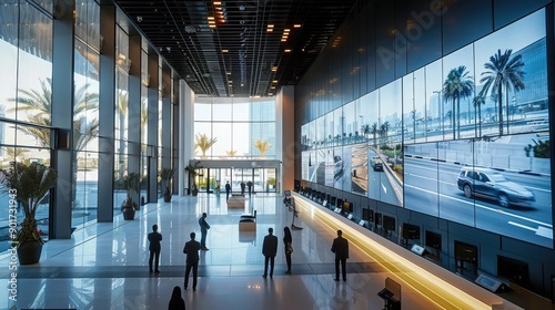 Internal space of an experience centre with traffic simulators and LCD screens, double height space with ample natural light. Generative AI. photo