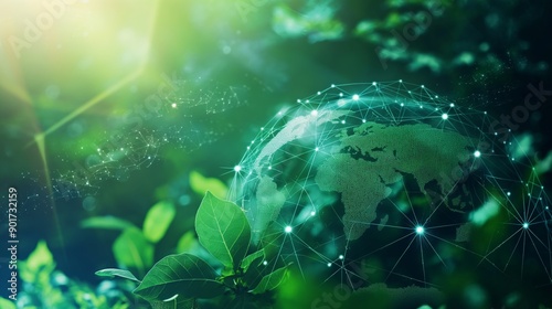 Abstract illustration showcasing the potential of blockchain technology in promoting sustainability and environmental protection, with a green digital globe and network connections