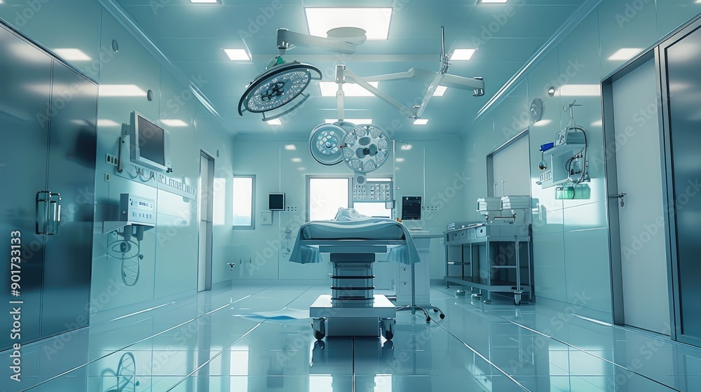 A view of the operating room of a modern hospital. Generative AI.