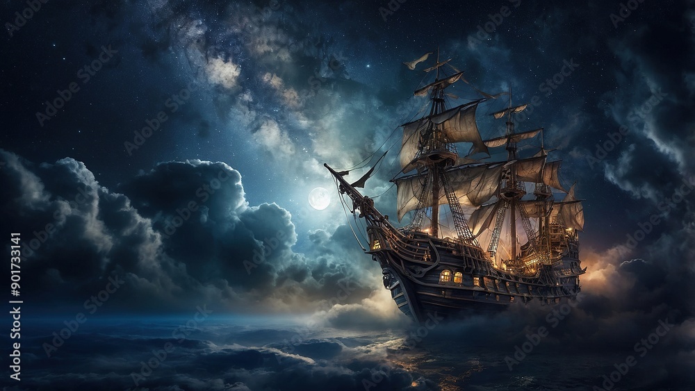 Obraz premium An Enchanted Sailing Ship Gliding Through Mystical Clouds Under a Starry Sky at Night