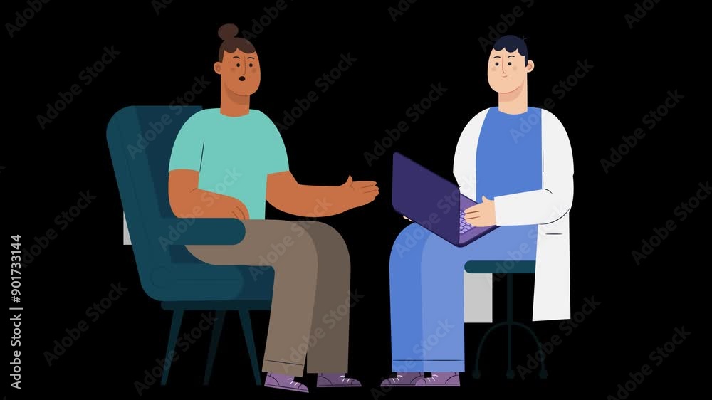 Animation of a doctor sitting and consulting with a patient on a black background Animation of a doctor sitting and consulting with a patient on a black background