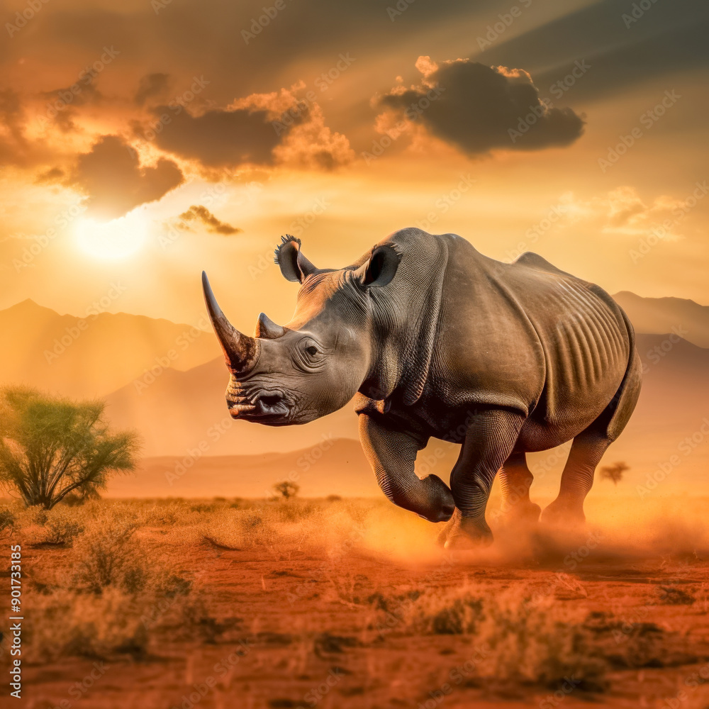 Fototapeta premium Prächtiges Nashorn, Rhinozeros (Rhinocerotidae) in freier Natur, Generative AI