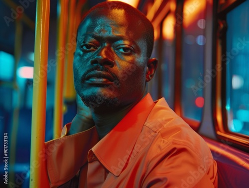 Medium shot of Bus driver man, themed background, bright tonality, in the style of fashion photography.