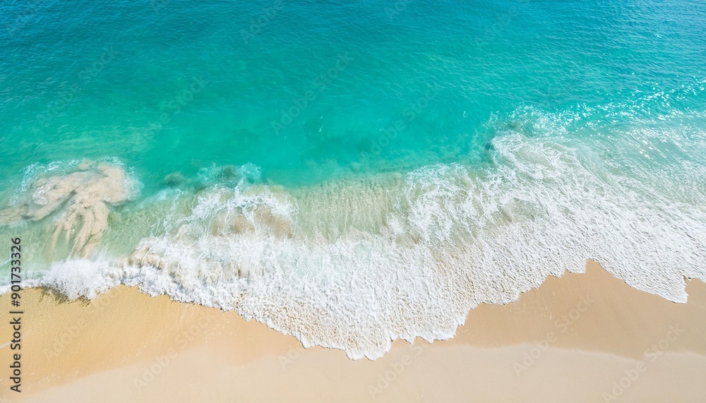 Beautiful tropical summer beach, top view of white sand and blue sea waves, nature background, vacation in paradise concept for tourism, vivid colorful. Beautiful tropical summer beach, top view of white sand and blue sea waves, nature background, vacation in paradise concept for tourism, vivid colorful.