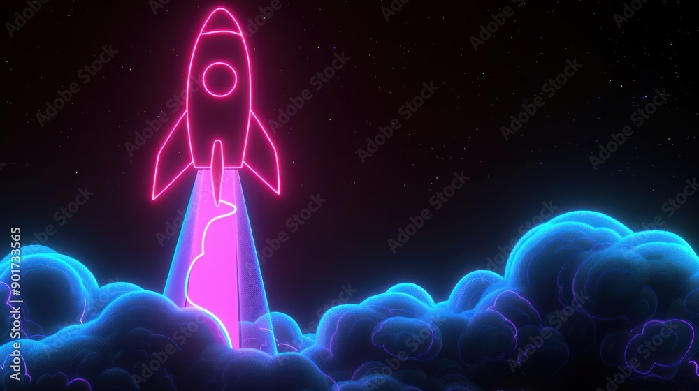 Neon rocket rising from clouds against black background symbolizing business startup, innovation, business growth Neon rocket rising from clouds against black background symbolizing business startup, innovation, business growth
