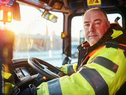 Medium shot of Bus driver man, themed background, bright tonality, in the style of fashion photography.