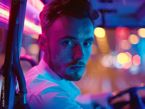Medium shot of Bus driver man, themed background, bright tonality, in the style of fashion photography.