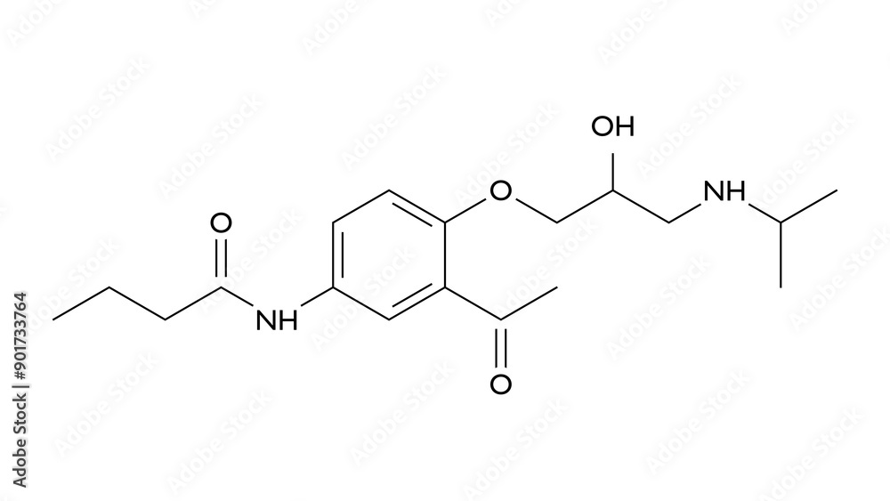 acebutolol molecule, structural chemical formula, ball-and-stick model, isolated image sectral acebutolol molecule, structural chemical formula, ball-and-stick model, isolated image sectral