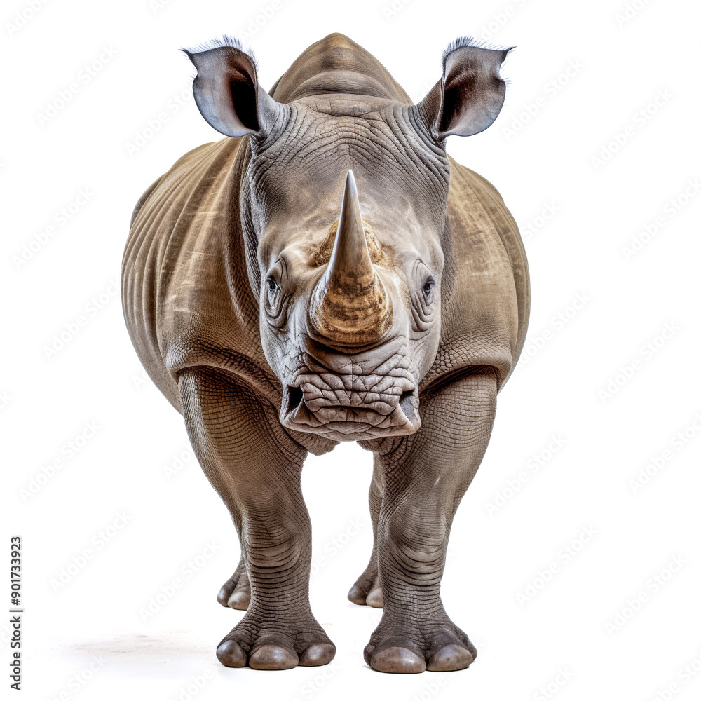 Prächtiges Nashorn, Rhinozeros (Rhinocerotidae), freigestellt vor weißem Hintergrund, Generative AI Prächtiges Nashorn, Rhinozeros (Rhinocerotidae), freigestellt vor weißem Hintergrund, Generative AI