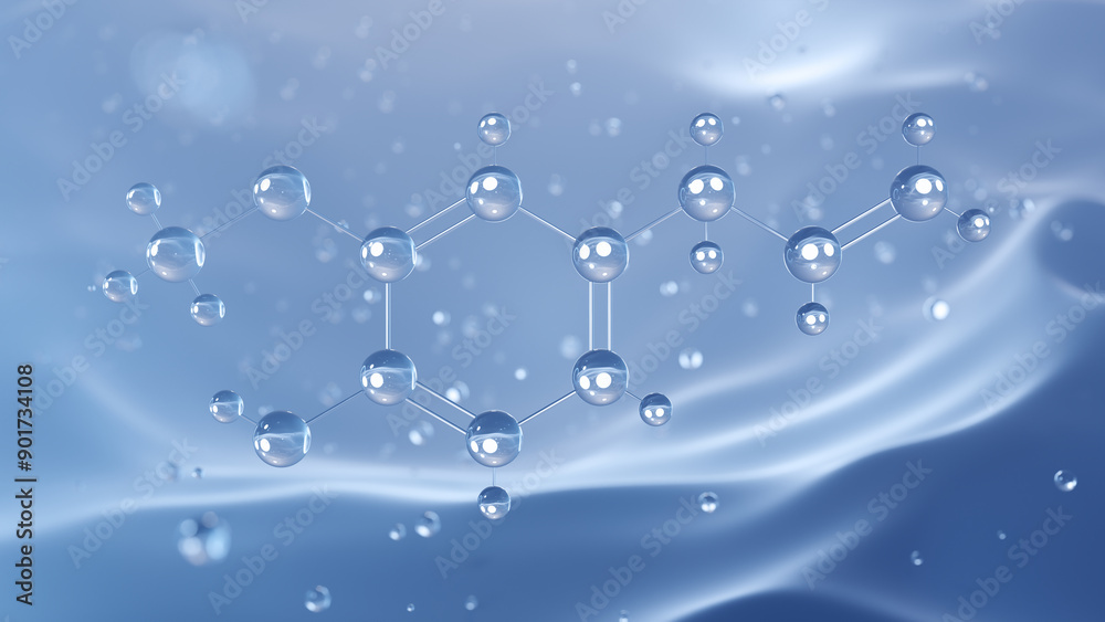 eugenol molecular structure, 3d model molecule, guaiacol, structural chemical formula view from a microscope eugenol molecular structure, 3d model molecule, guaiacol, structural chemical formula view from a microscope