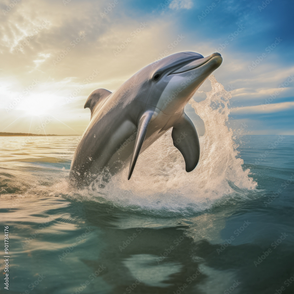 Naklejka premium Fröhlicher Delphin schwimmt im Meer, Generative AI