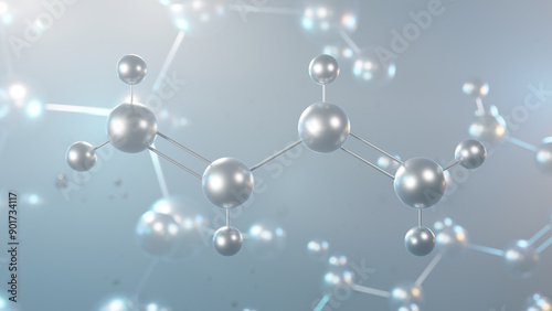 butadiene molecular structure, 3d model molecule, divinyl, structural chemical formula view from a microscope photo