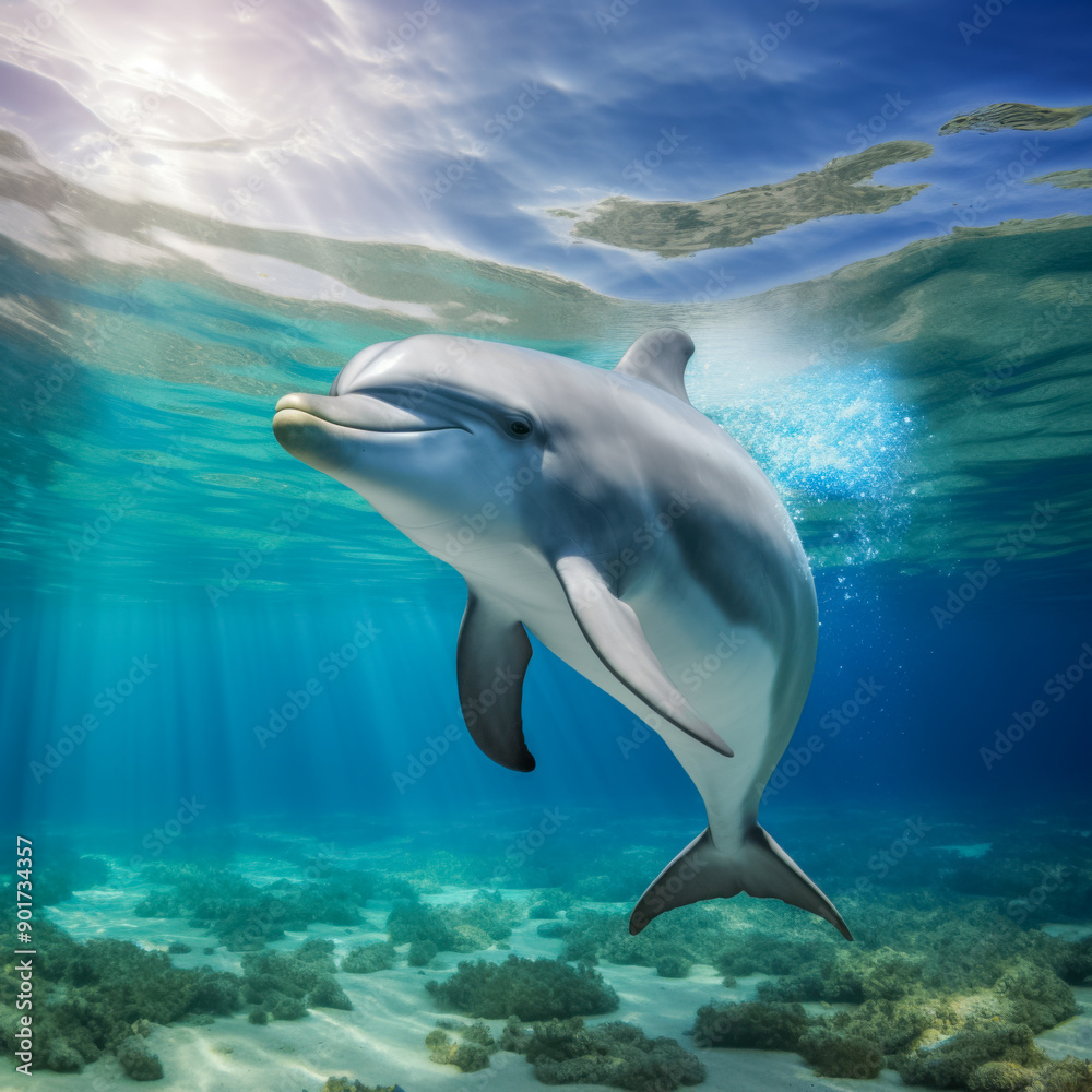 Naklejka premium Fröhlicher Delphin schwimmt im Meer, Generative AI