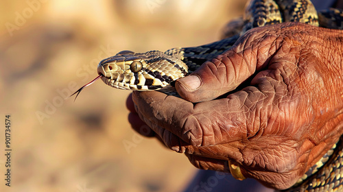 close-up shot of a snake charmer's hands holding a snake