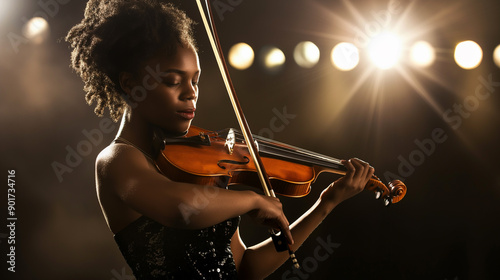 uma linda violinista afro-americana de 35 anos tocando violino. A imagem é luz de cima com luzes de palco