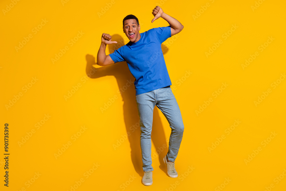 Full size photo of pretty young male point self proud wear trendy blue outfit isolated on yellow color background Full size photo of pretty young male point self proud wear trendy blue outfit isolated on yellow color background