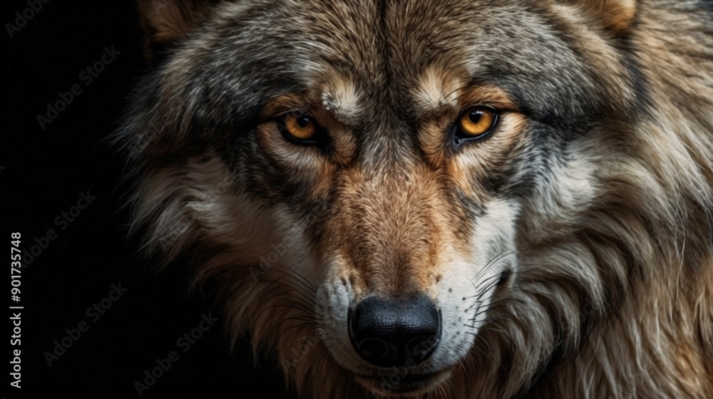 Wild Wolf Close-Up looking camera on Plain Black Background Wild Wolf Close-Up looking camera on Plain Black Background