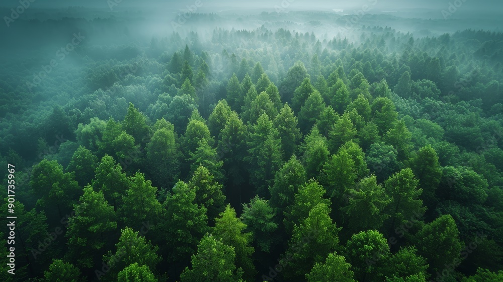 Lush Green Forest Covered in Fog on a Calm Early Morning in Nature. Generative AI