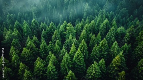 Lush Green Forest Canopy Under A Soft Morning Mist In Early Autumn. Generative AI