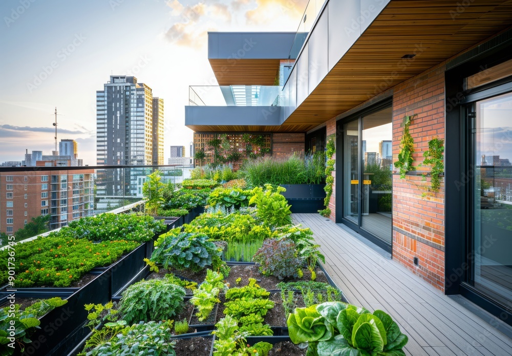 An urban rooftop community garden with a variety of plants, offering ...