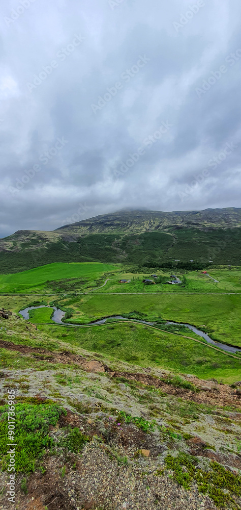 Obraz premium Geysir park on golden ring in iceland in summer time, green landscape of europe