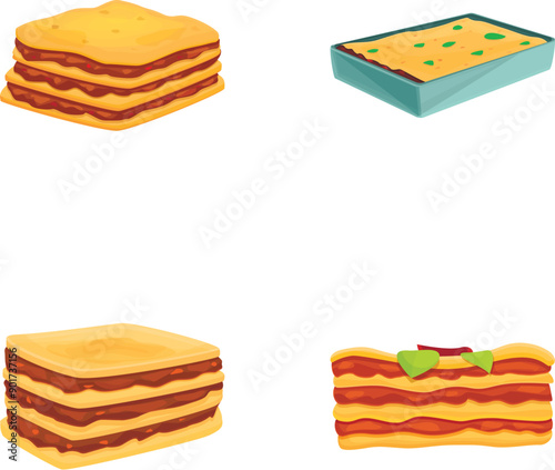 Homemade lasagna icons set cartoon vector. Tasty meat dish. Italian cuisine
