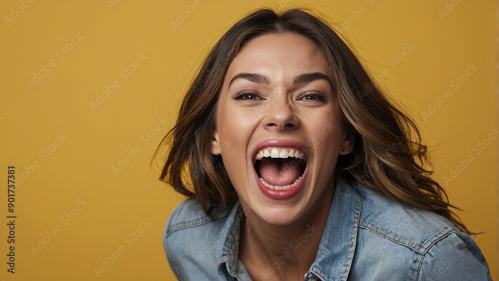 A joyful young woman is captured mid-laughter, showcasing her bright smile and enthusiasm. The vibrant yellow background enhances the lively atmosphere, emphasizing her infectious energy and happiness