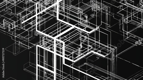 an engineering drawing of a complex part with white dimensional lines on a black background 