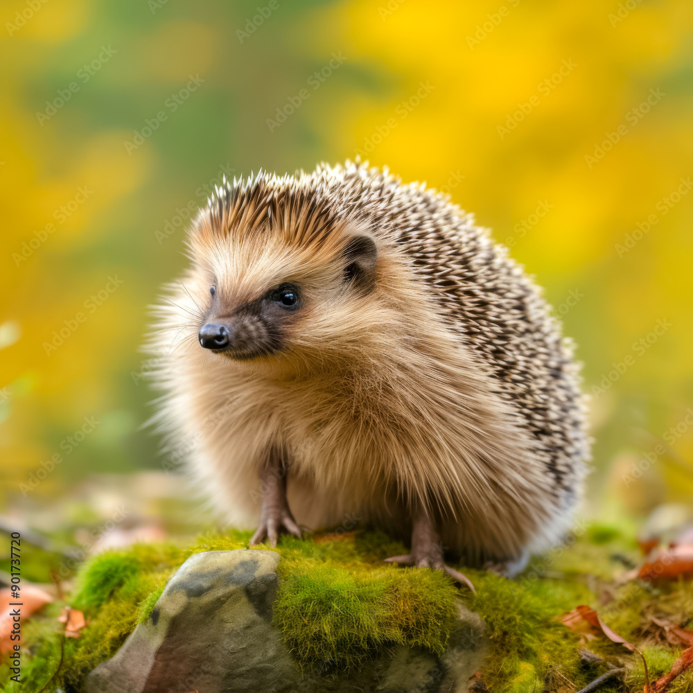 Fototapeta premium Fröhlicher Igel ( Erinaceidae ) in freier Natur, Generative AI