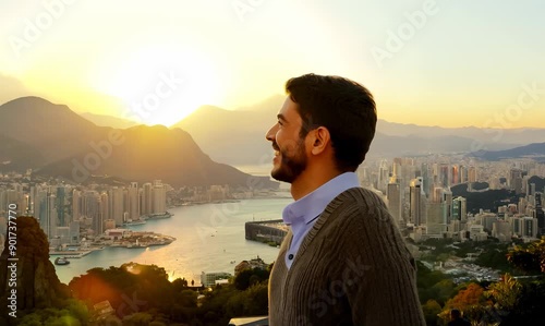 Medium shot portrait video of a grinning man in his 30s that is wearing a chic cardigan at the Christ the Redeemer in Rio de Janeiro Brazil
